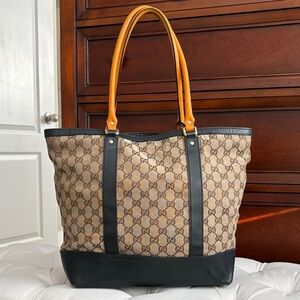 Gucci Beige GG Canvas Tote with Black Trim and Tan Handles
